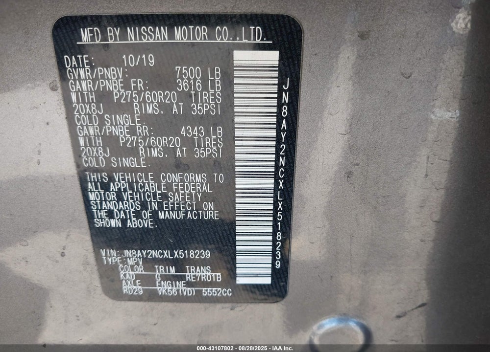 2020 NISSAN ARMADA VIN: JN8AY2NCXLX518239