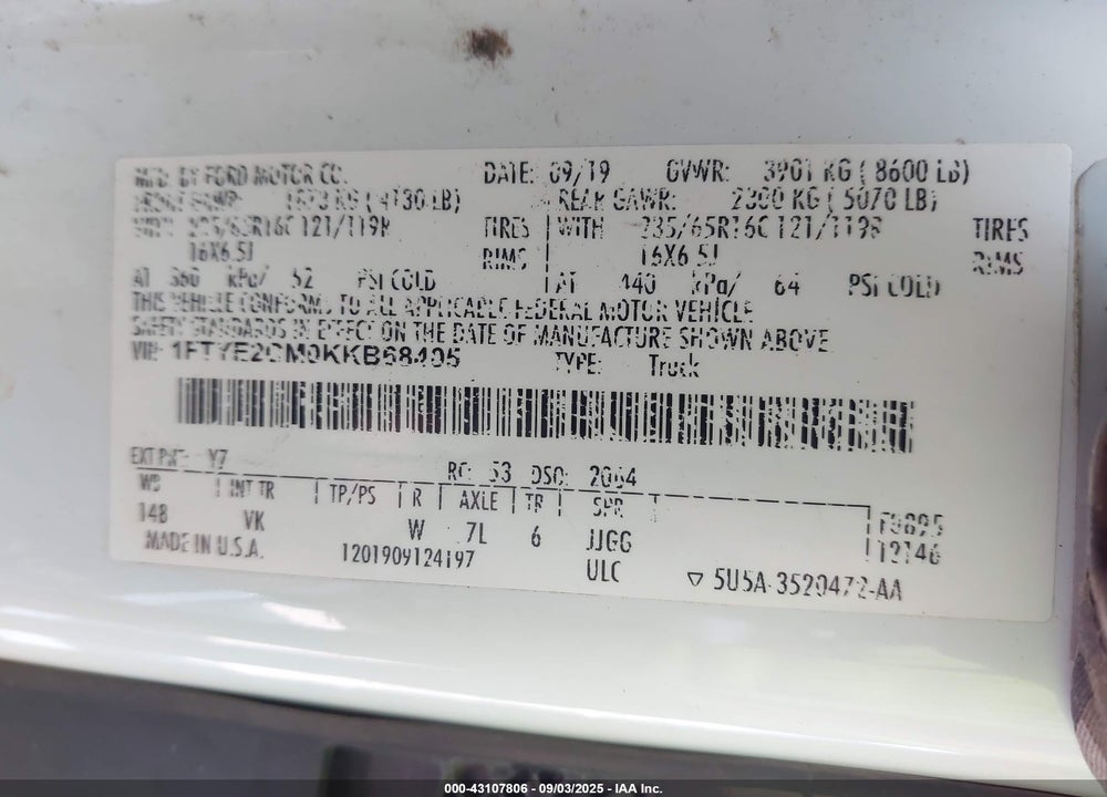 2019 FORD TRANSIT-150 VIN: 1FTYE2CM0KKB68405