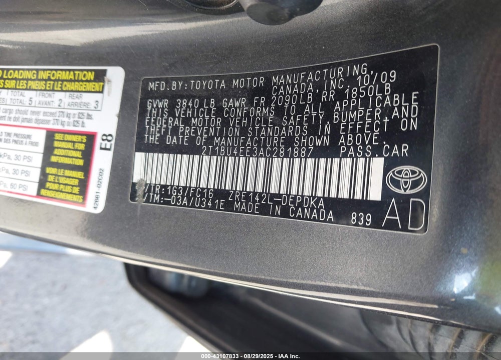 2010 TOYOTA COROLLA VIN: 2T1BU4EE3AC281887