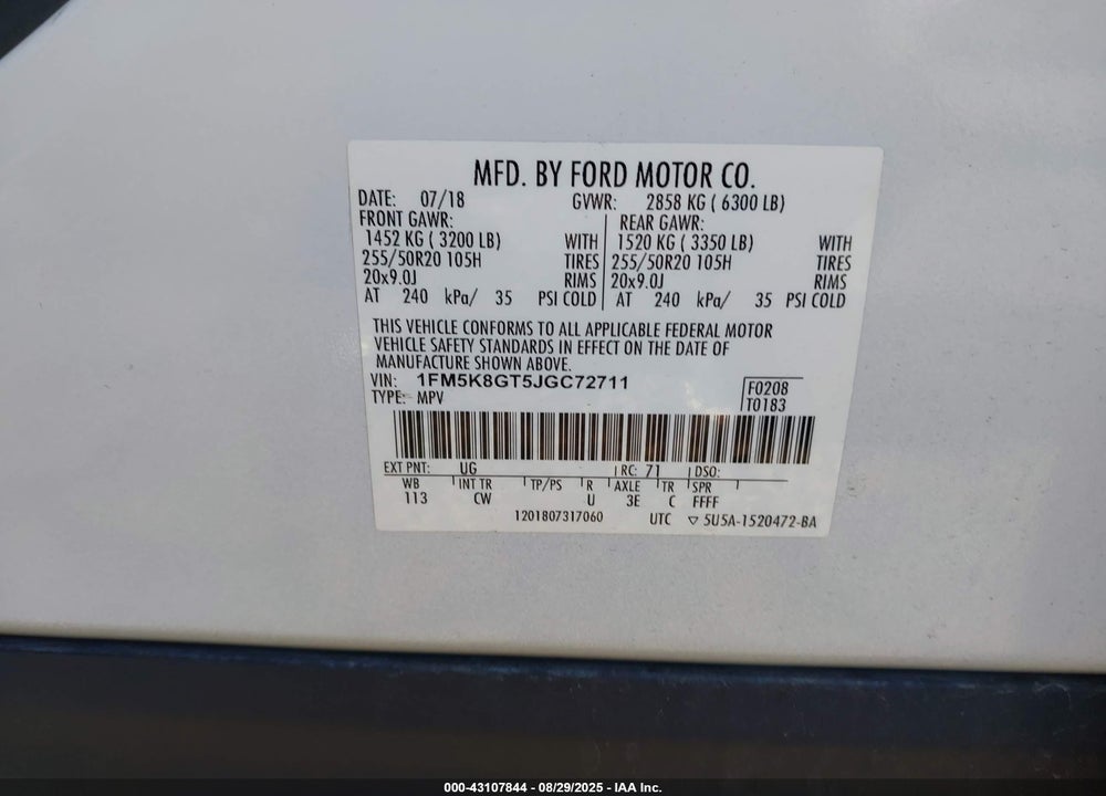 2018 FORD EXPLORER VIN: 1FM5K8GT5JGC72711