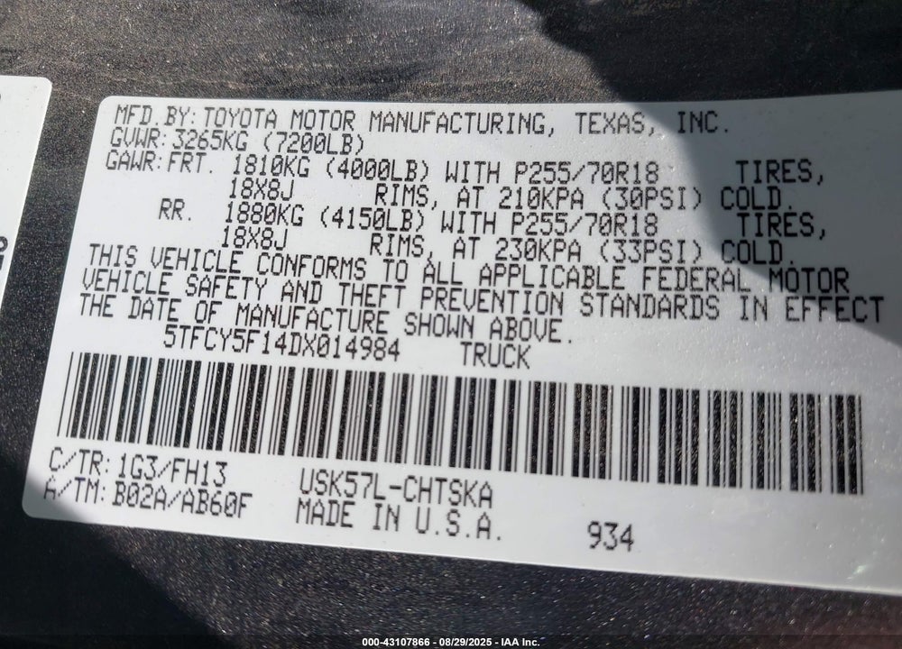 2013 TOYOTA TUNDRA VIN: 5TFCY5F14DX014984