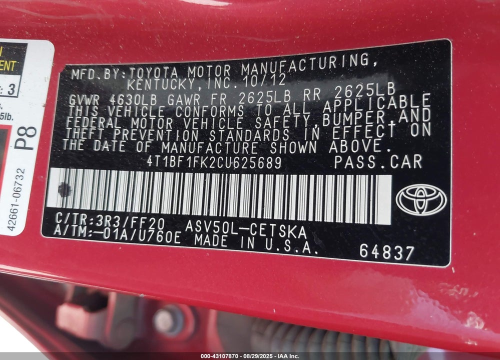 2012 TOYOTA CAMRY SE LIMITED EDITION VIN: 4T1BF1FK2CU625689