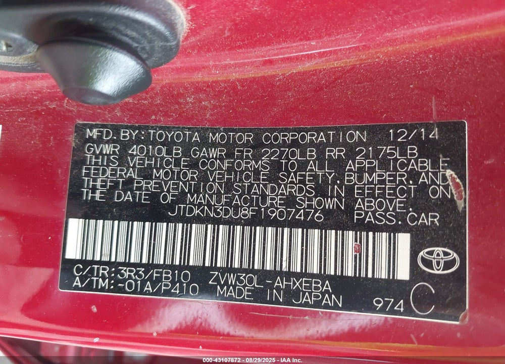2015 TOYOTA PRIUS VIN: JTDKN3DU8F1907476