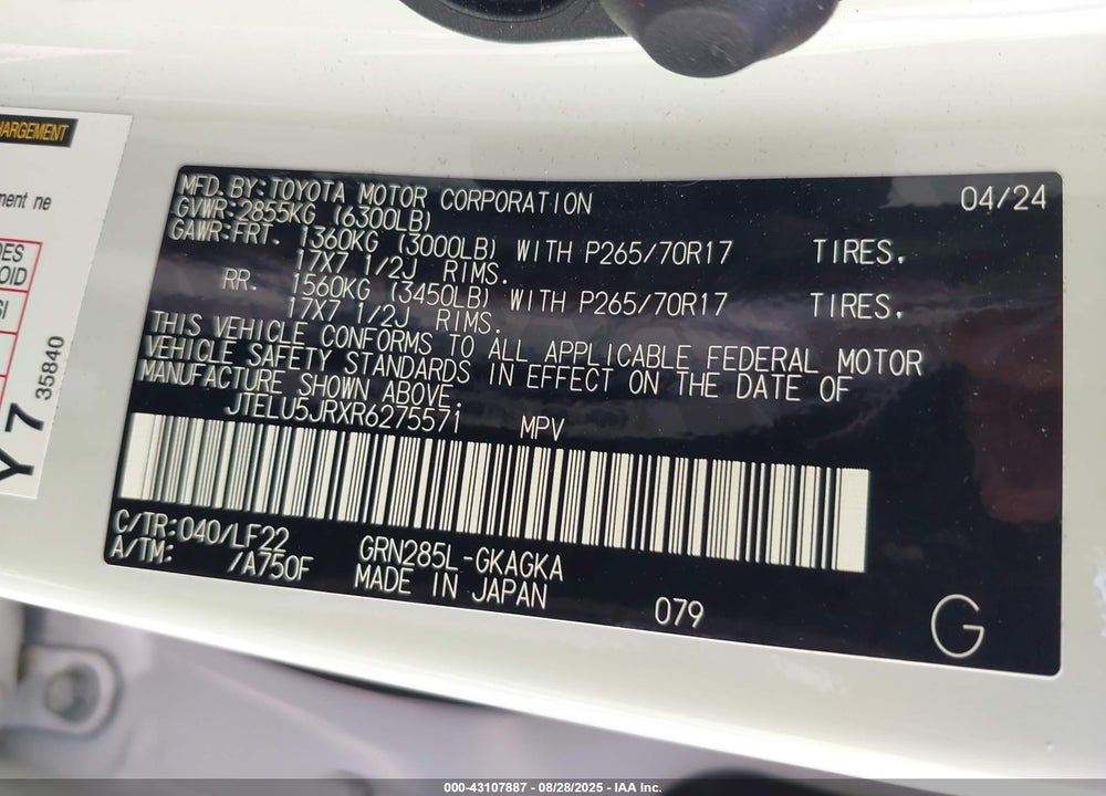 2024 TOYOTA 4RUNNER TRD PRO VIN: JTELU5JRXR6275571