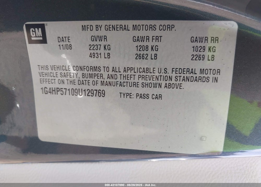 2009 BUICK LUCERNE VIN: 1G4HP57109U129769