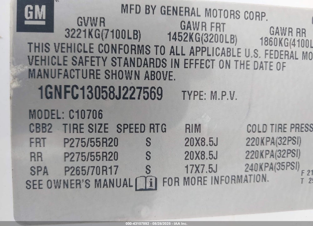 2008 CHEVROLET TAHOE LT VIN: 1GNFC13058J227569