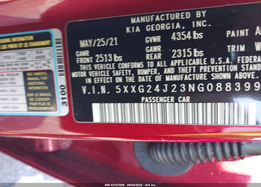 2022 KIA K5 VIN: 5XXG24J23NG088399
