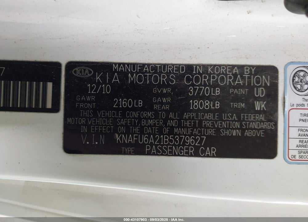 2011 KIA FORTE VIN: KNAFU6A21B5379627