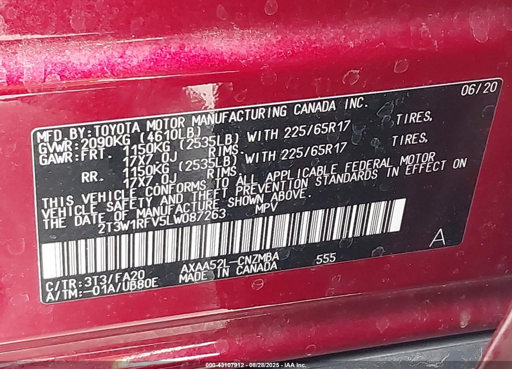 2020 TOYOTA RAV4 VIN: 2T3W1RFV5LW087263