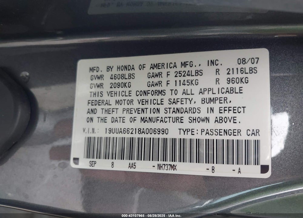 2008 ACURA TL 3.2 VIN: 19UUA66218A006990