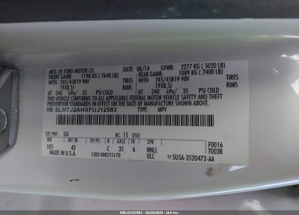2015 LINCOLN MKC VIN: 5LMTJ2AHXFUJ12583