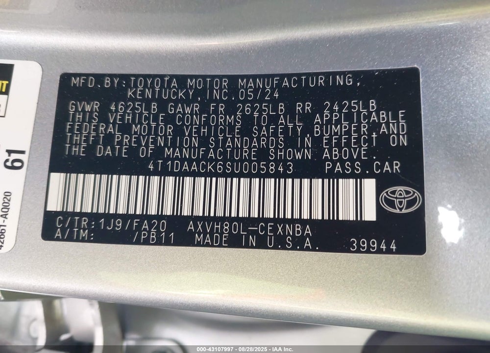 2025 TOYOTA CAMRY VIN: 4T1DAACK6SU005843