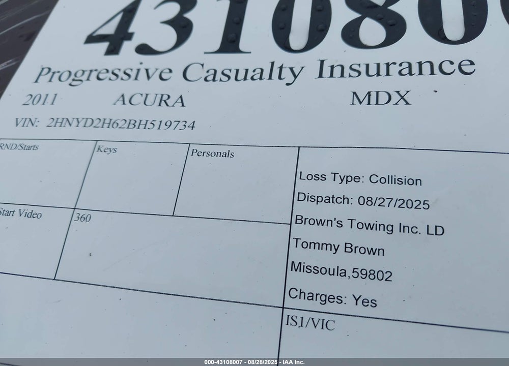 2011 ACURA MDX VIN: 2HNYD2H62BH519734