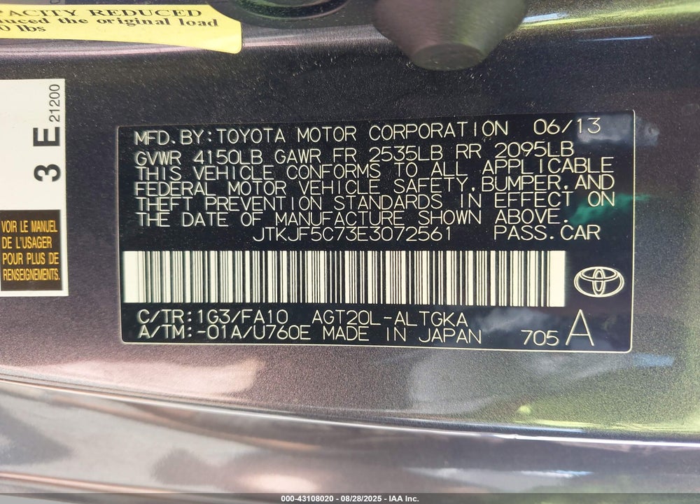 2014 SCION TC VIN: JTKJF5C73E3072561