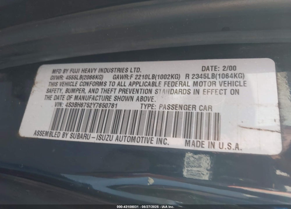 2000 SUBARU OUTBACK VIN: 4S3BH6752Y7650781