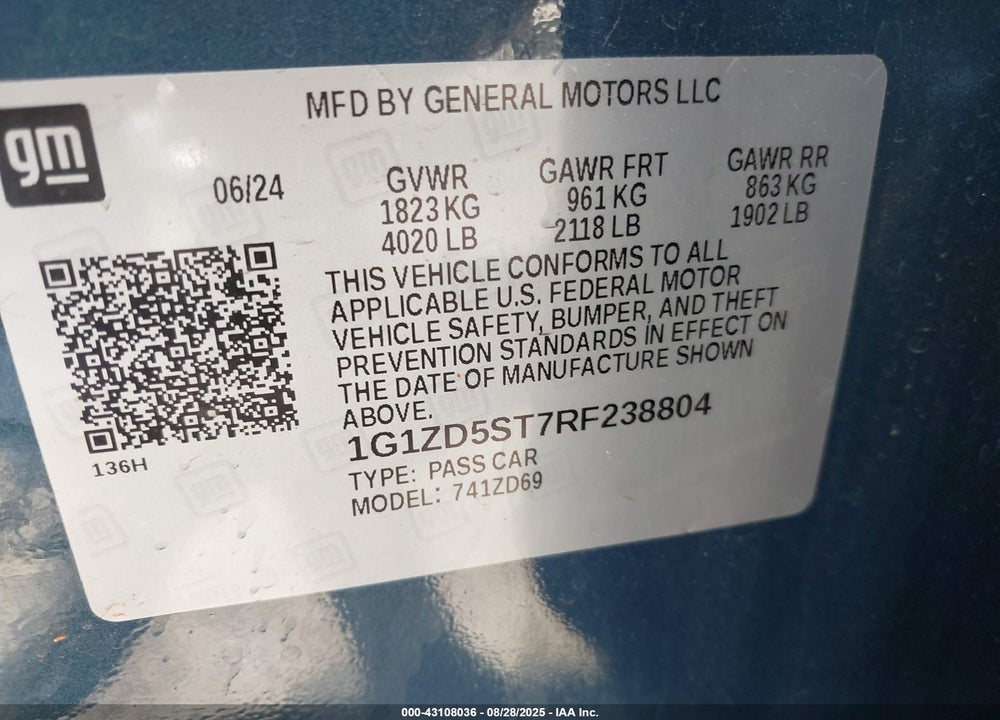 2024 CHEVROLET MALIBU VIN: 1G1ZD5ST7RF238804