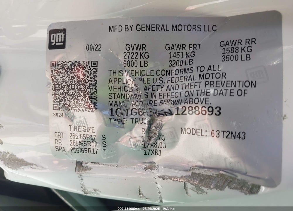 2022 GMC CANYON VIN: 1GTG6FEN6N1288693