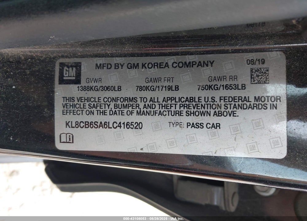 2020 CHEVROLET SPARK VIN: KL8CB6SA6LC416520