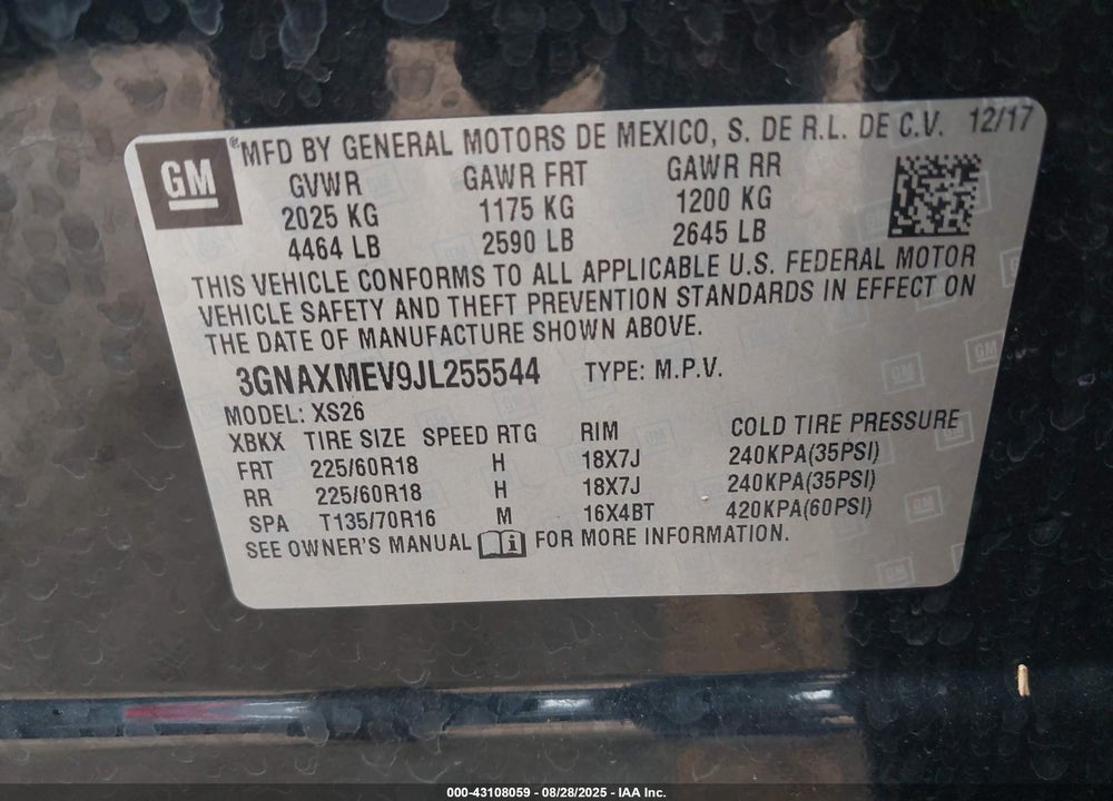 2018 CHEVROLET EQUINOX VIN: 3GNAXMEV9JL255544