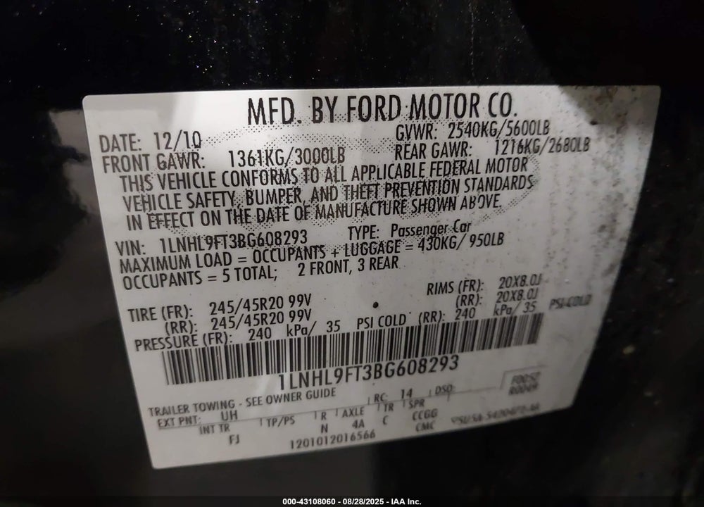2011 LINCOLN MKS VIN: 1LNHL9FT3BG608293