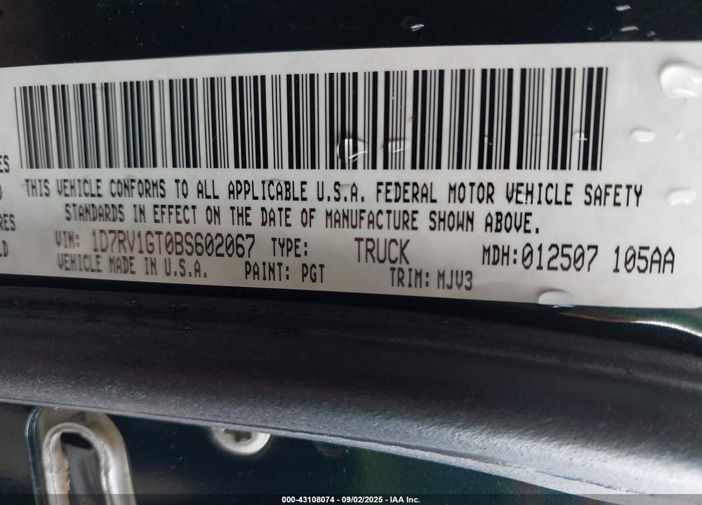 2011 RAM 1500 VIN: 1D7RV1GT0BS602067