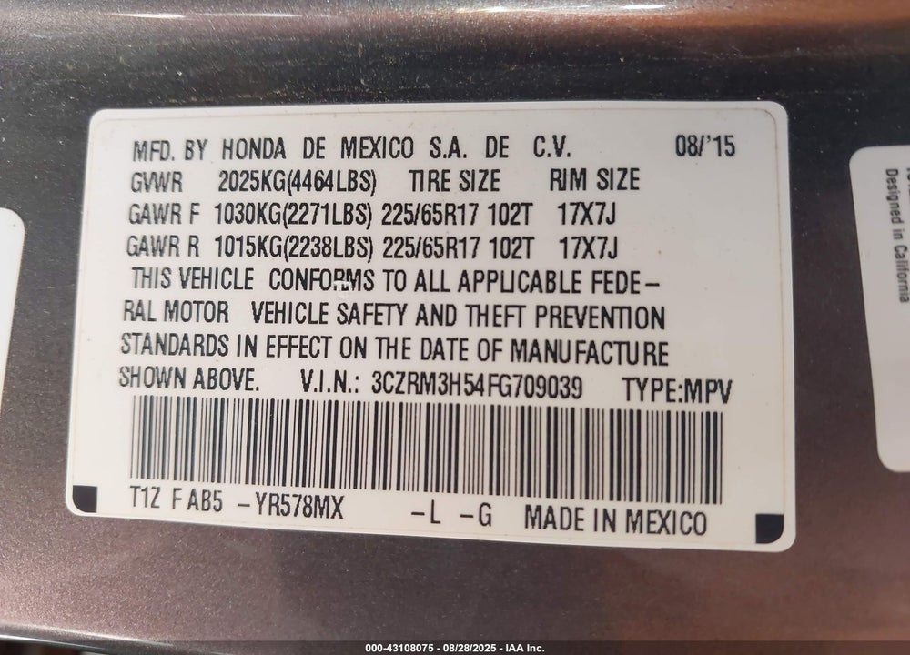 2015 HONDA CR-V EX VIN: 3CZRM3H54FG709039