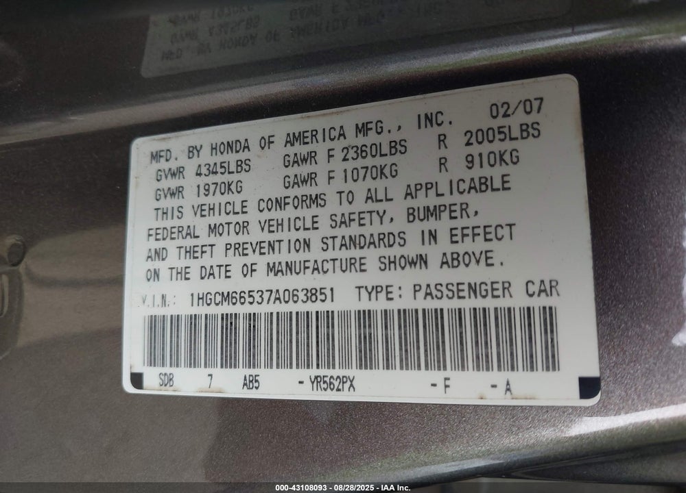 2007 HONDA ACCORD 3.0 EX VIN: 1HGCM66537A063851