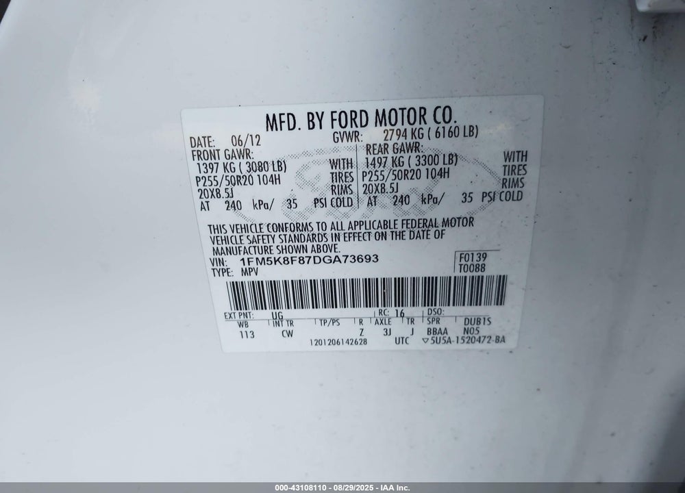 2013 FORD EXPLORER VIN: 1FM5K8F87DGA73693
