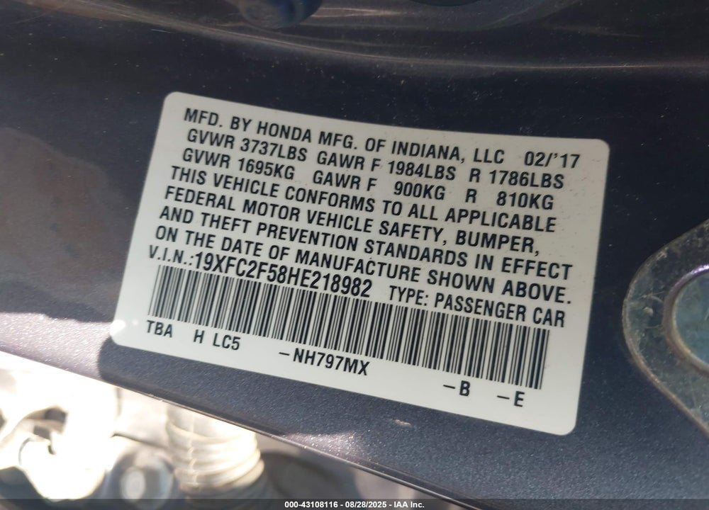 2017 HONDA CIVIC VIN: 19XFC2F58HE218982