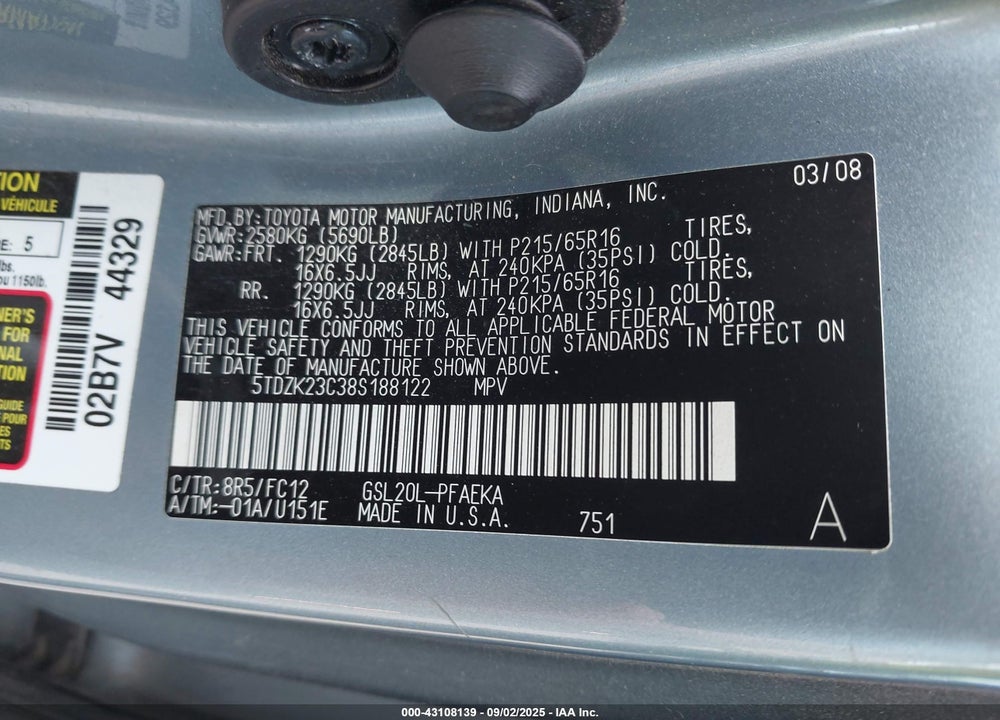 2008 TOYOTA SIENNA VIN: 5TDZK23C38S188122