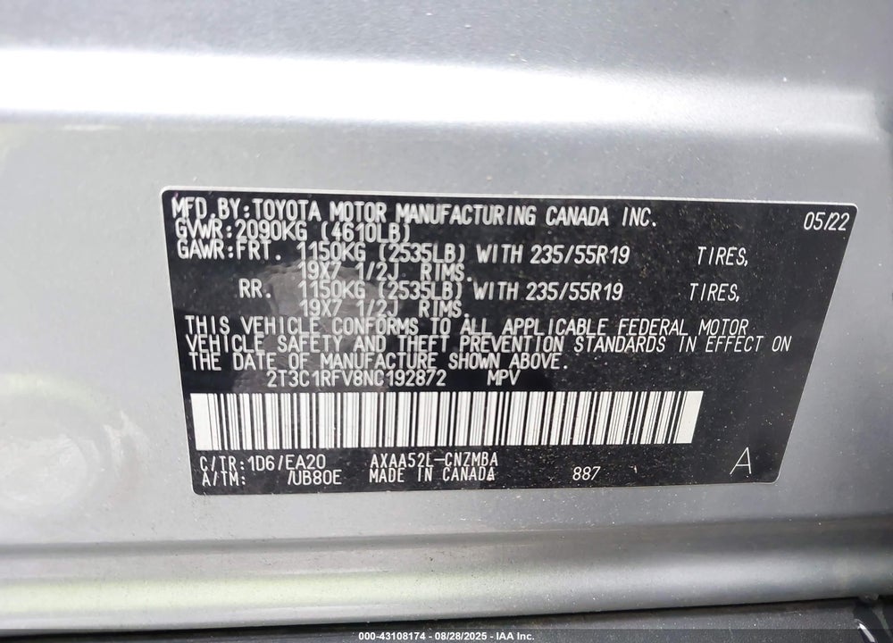 2022 TOYOTA RAV4 VIN: 2T3C1RFV8NC192872