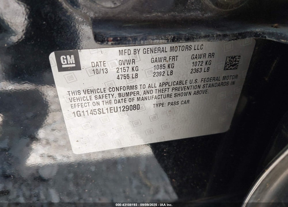 2014 CHEVROLET IMPALA 1LZ VIN: 1G1145SL1EU129080
