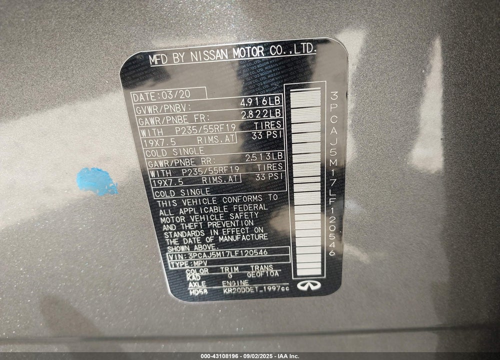 2020 INFINITI QX50 LUXE VIN: 3PCAJ5M17LF120546