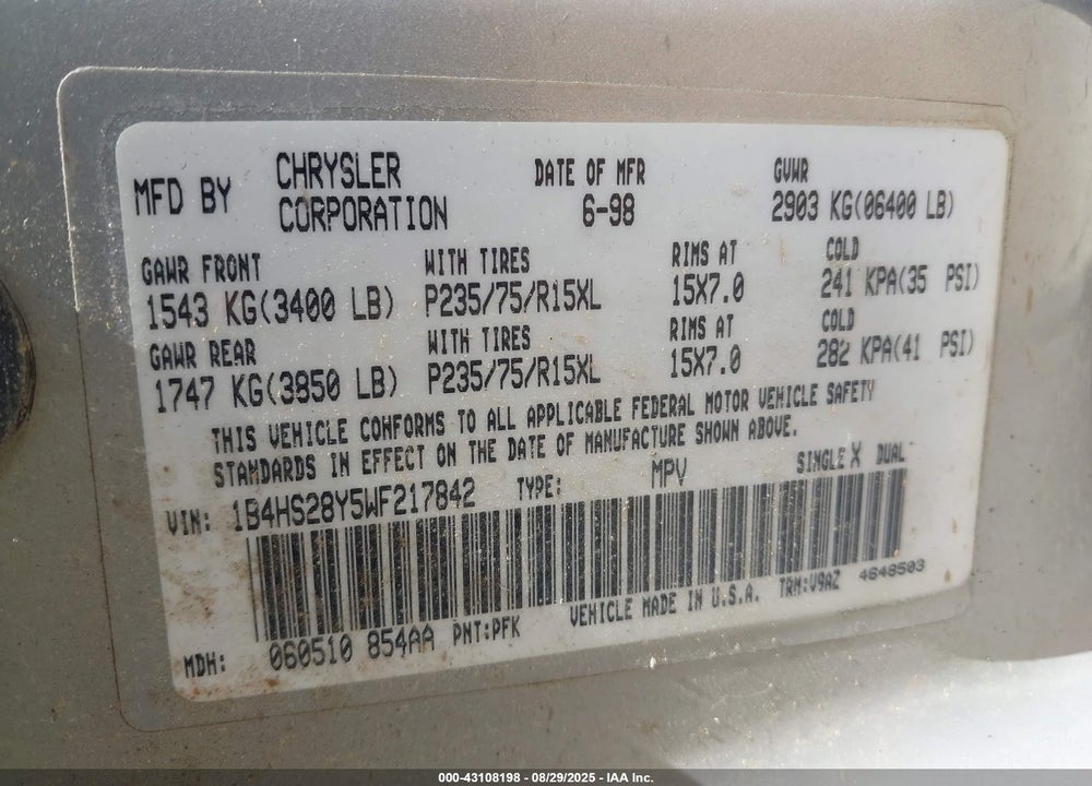 1998 DODGE DURANGO SLT VIN: 1B4HS28Y5WF217842