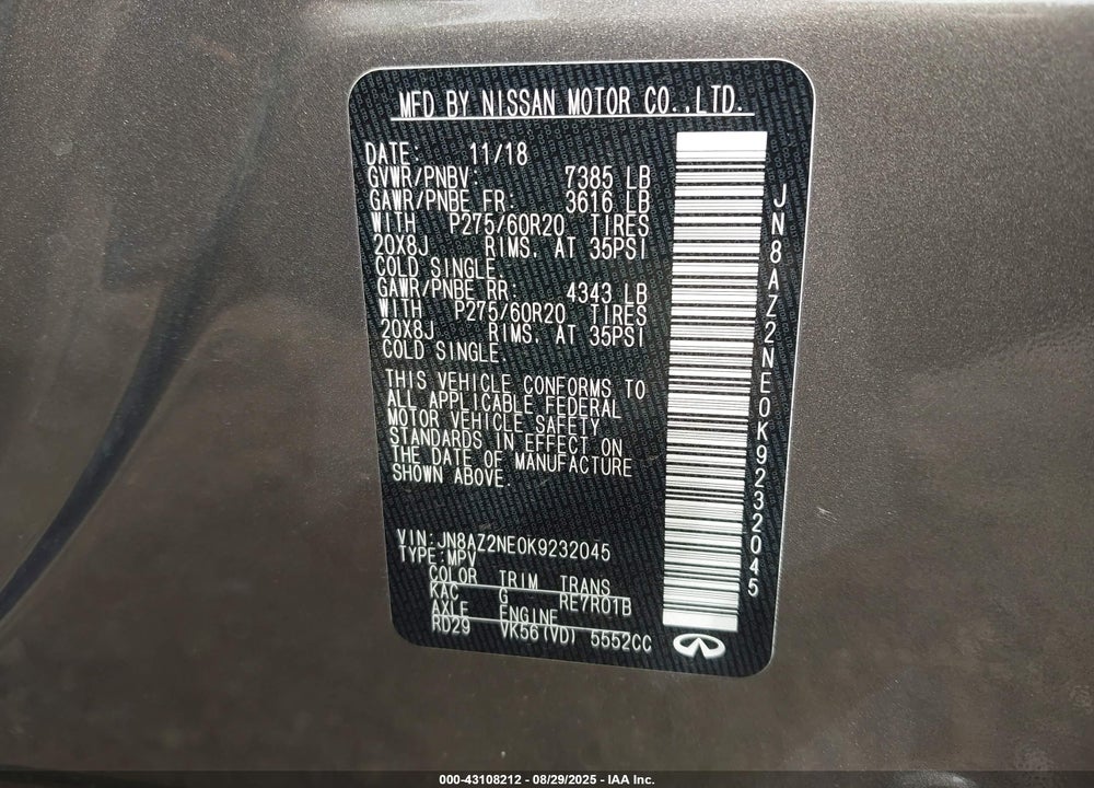 2019 INFINITI QX80 VIN: JN8AZ2NE0K9232045