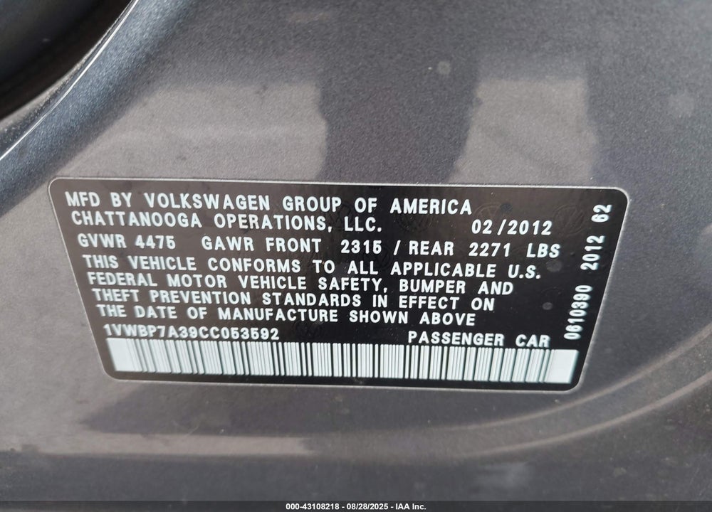 2012 VOLKSWAGEN PASSAT VIN: 1VWBP7A39CC053592