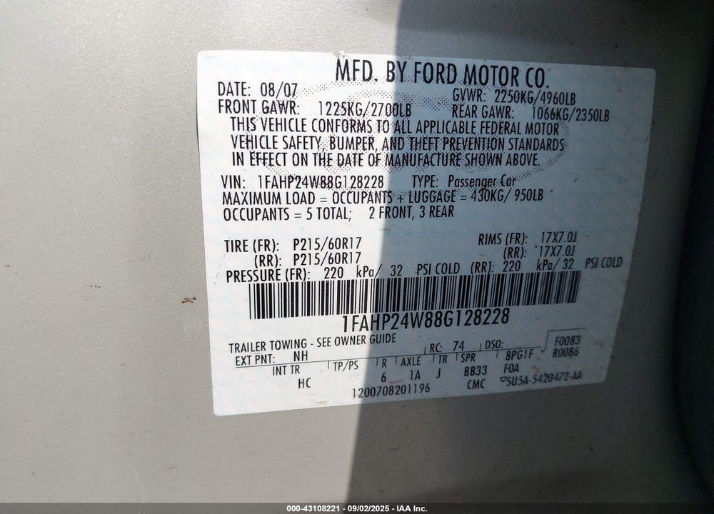 2008 FORD TAURUS SEL VIN: 1FAHP24W88G128228