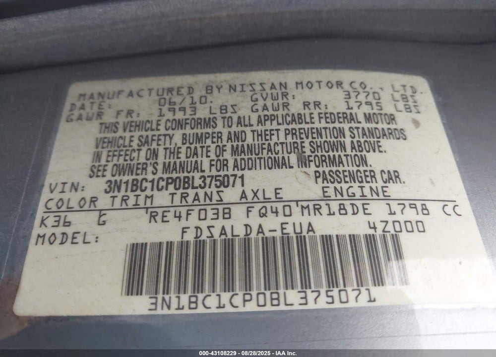 2011 NISSAN VERSA VIN: 3N1BC1CP0BL375071