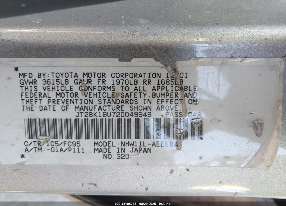 2002 TOYOTA PRIUS VIN: JT2BK18U720049949