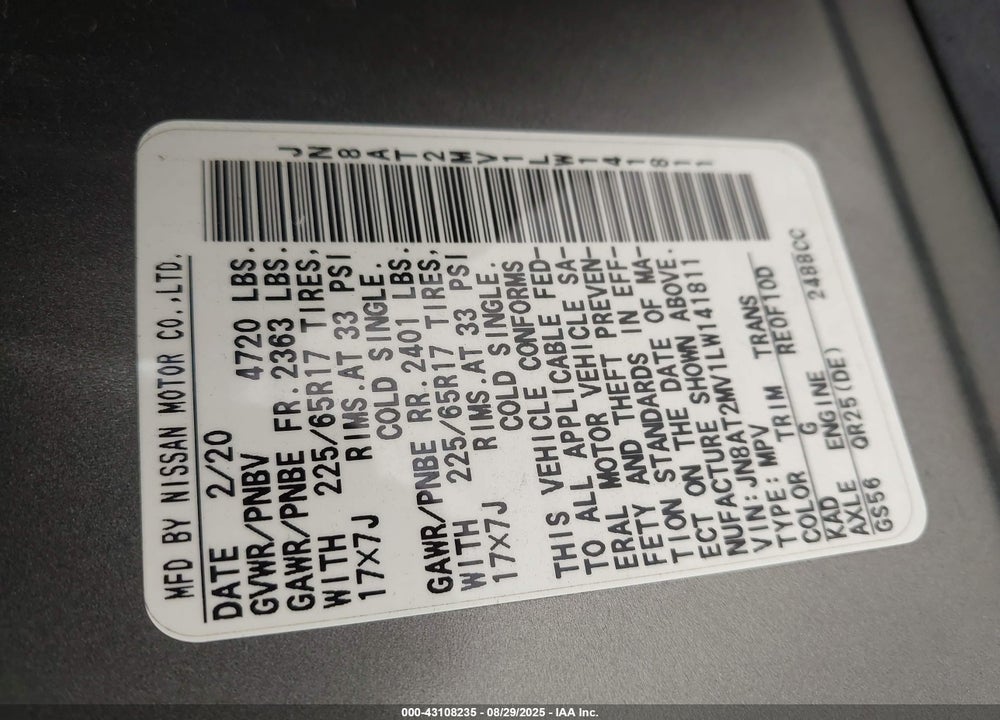 2020 NISSAN ROGUE VIN: JN8AT2MV1LW141811