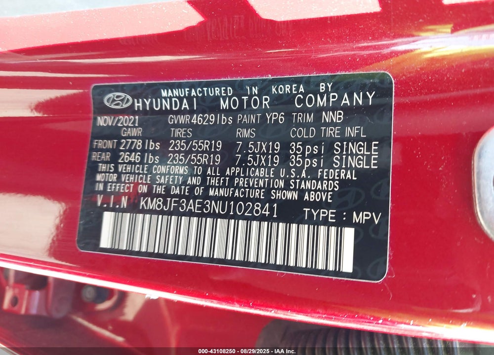 2022 HYUNDAI TUCSON VIN: KM8JF3AE3NU102841