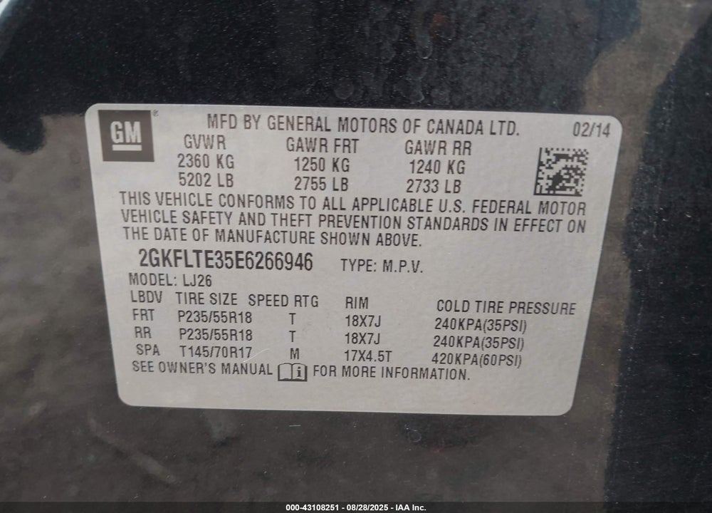 2014 GMC TERRAIN VIN: 2GKFLTE35E6266946