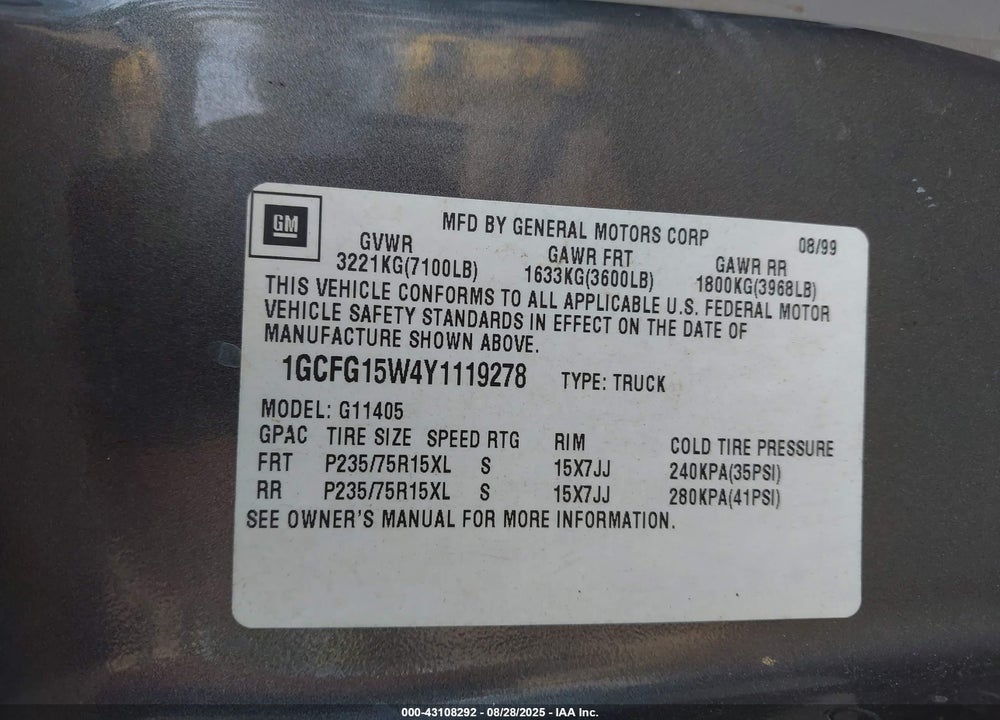 2000 CHEVROLET EXPRESS VIN: 1GCFG15W4Y1119278