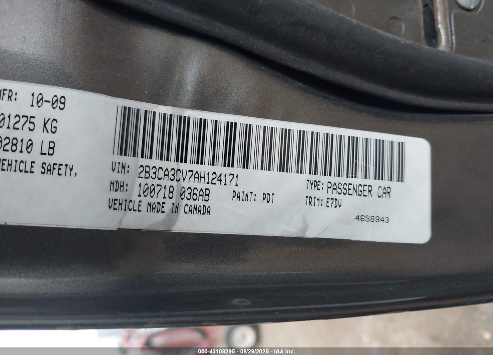2010 DODGE CHARGER VIN: 2B3CA3CV7AH124171