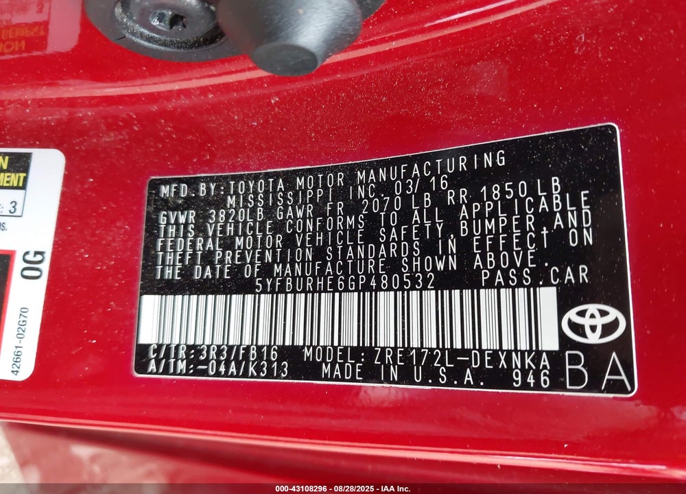 2016 TOYOTA COROLLA VIN: 5YFBURHE6GP480532