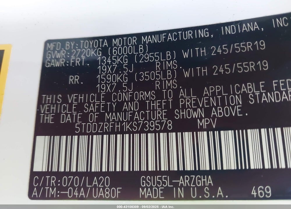 2019 TOYOTA HIGHLANDER LIMITED/PLATINUM VIN: 5TDDZRFH1KS739578