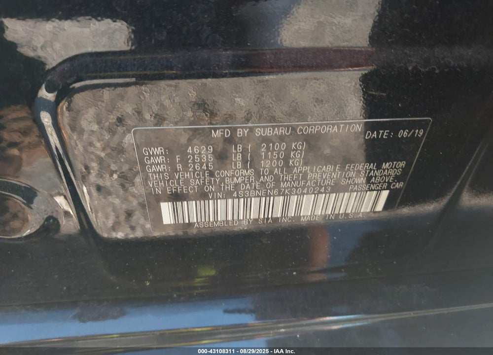 2019 SUBARU LEGACY VIN: 4S3BNEN67K3040243