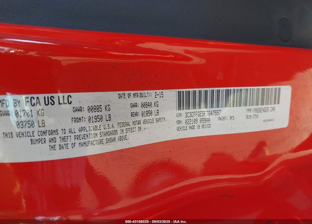 2015 FIAT 500E VIN: 3C3CFFGE5FT647557