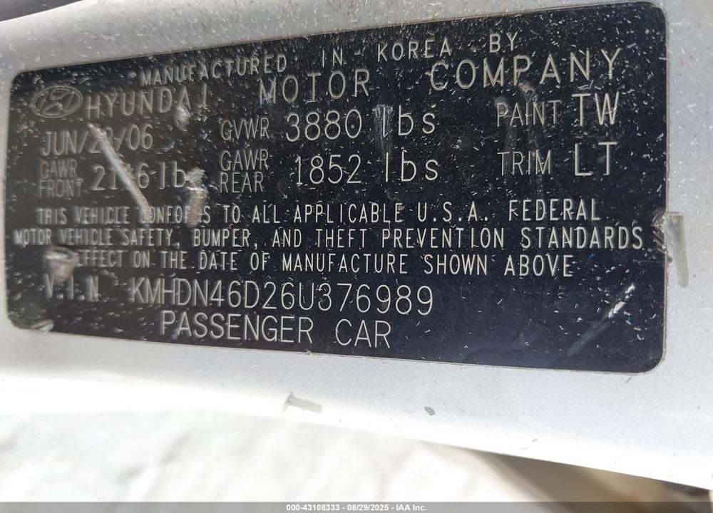 2006 HYUNDAI ELANTRA VIN: KMHDN46D26U376989