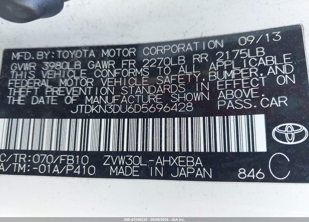 2013 TOYOTA PRIUS VIN: JTDKN3DU6D5696428